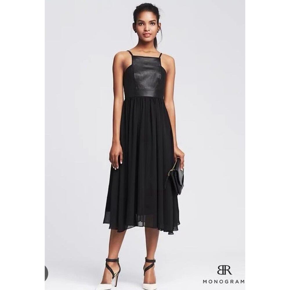 Banana Republic Black Midi Dress with Faux Leather Bodice